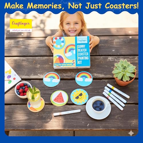 Craftinger Coaster Painting Kit for Kids | DIY Art & Craft Set with 6 Pre-Marked Coasters, Set-6 Acrylic Markers, Brushes, Palette Tray & Gloss Varnish | Creative Painting Gift Box for Boys & Girls, Home, Office, Activity, Coloring Tea Cup Table Birthday Kitchen (Sunny Beach) - Image 4