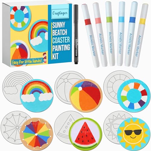 Craftinger Coaster Painting Kit for Kids | DIY Art & Craft Set with 6 Pre-Marked Coasters, Set-6 Acrylic Markers, Brushes, Palette Tray & Gloss Varnish | Creative Painting Gift Box for Boys & Girls, Home, Office, Activity, Coloring Tea Cup Table Birthday Kitchen (Sunny Beach) - Image 1