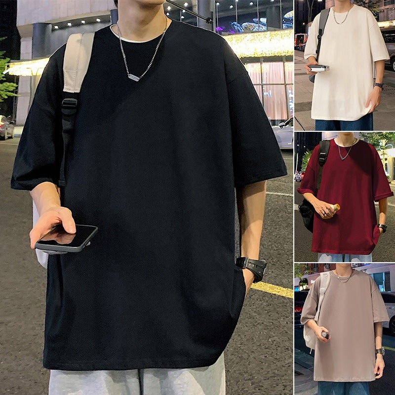 220g Heavy Cotton Short Sleeve T-Shirt Men Loose Fit Solid Color - Image 1