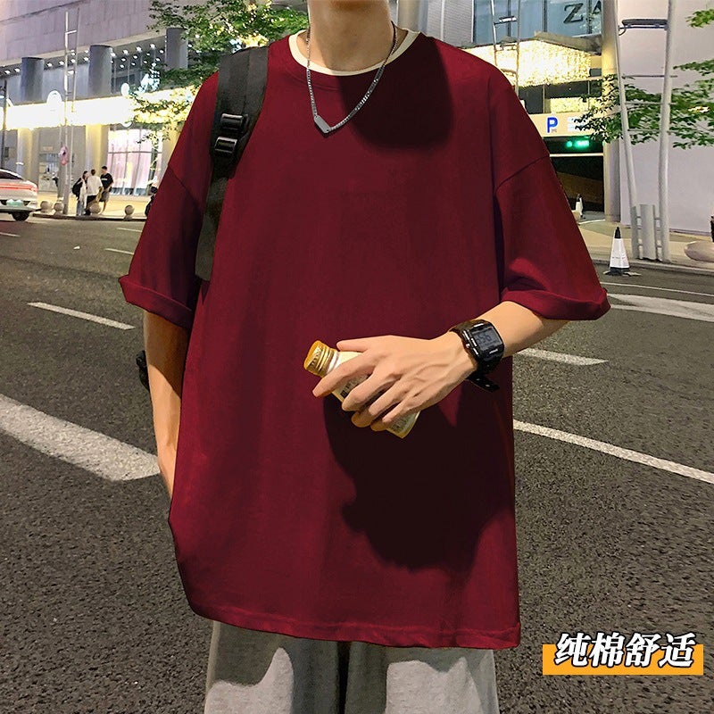 220g Heavy Cotton Short Sleeve T-Shirt Men Loose Fit Solid Color - Image 3