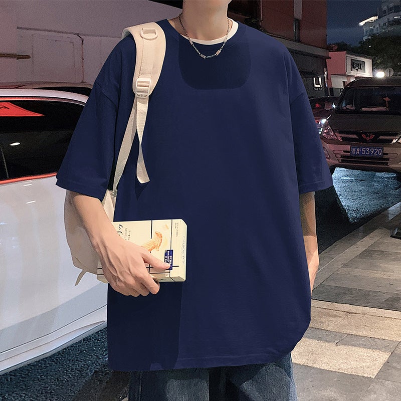 220g Heavy Cotton Short Sleeve T-Shirt Men Loose Fit Solid Color - Image 5