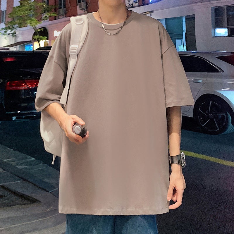 220g Heavy Cotton Short Sleeve T-Shirt Men Loose Fit Solid Color - Image 4
