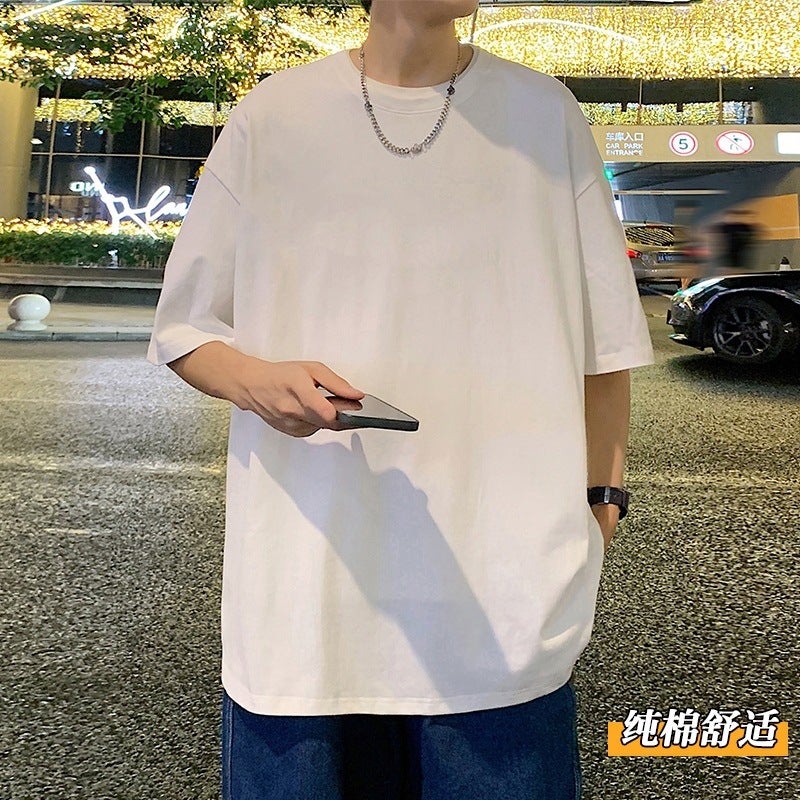 220g Heavy Cotton Short Sleeve T-Shirt Men Loose Fit Solid Color - Image 2