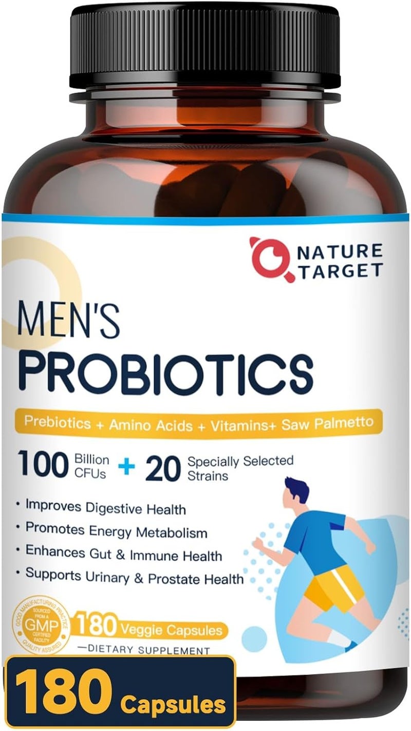 NATURE TARGET Probiotics for Men 100 Billion CFUs Probiotics for Digestive Health with Enzymes  Prebiotics 180 Veg Capsules Mens Probiotic for Gut  Bloating with Saw Palmetto for Prostate Health - Image 1