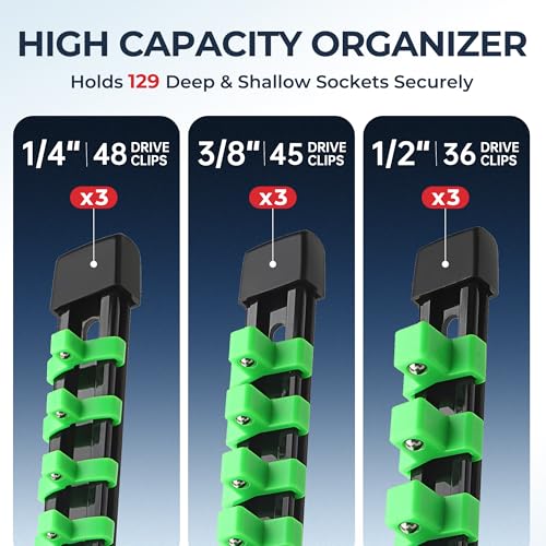 Reniteco 9-Piece Socket Organizer Set - 1/4-Inch x 48 Clips, 3/8-Inch x 45 Clips, 1/2-Inch x 36 Clips, Heavy Duty ABS Socket Holder, Premium Quality Socket Clip Rail Holder for Tool Box Drawer - Image 2