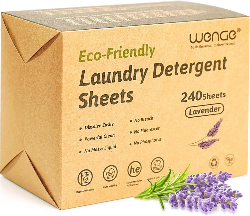 Wenge مناديل مسحوق غسيل وينجي ( Laundry Detergent Sheets)، عدد 240 منديلًا – صديقة للبيئة، مناسبة للسفر، خالية من البلاستيك، هيبوألرجينية، لا تحتوي على سوائل، مثالية للاستخدام في المنزل، السكن الجامعي، التخييم (رائحة اللافندر). - Image 1