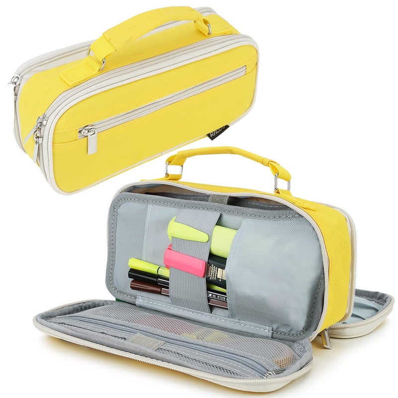 RAVUO Pencil Case Big Capacity Pencil Pouch Holder Multiple Compartments Pen Bag Office College School Stationery Organizer Storage for Teens GirlsBoys Yellow