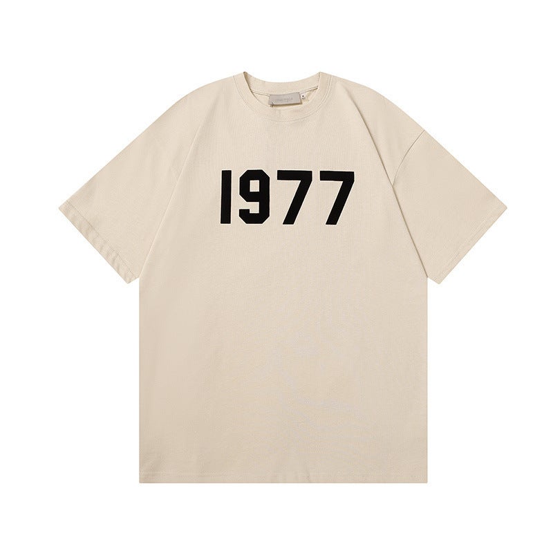 2022 1977 Flocking Letter Double Yarn Fabric Plus Size Loose High Street Fashion Brand Short Sleeve T-Shirt - Image 1