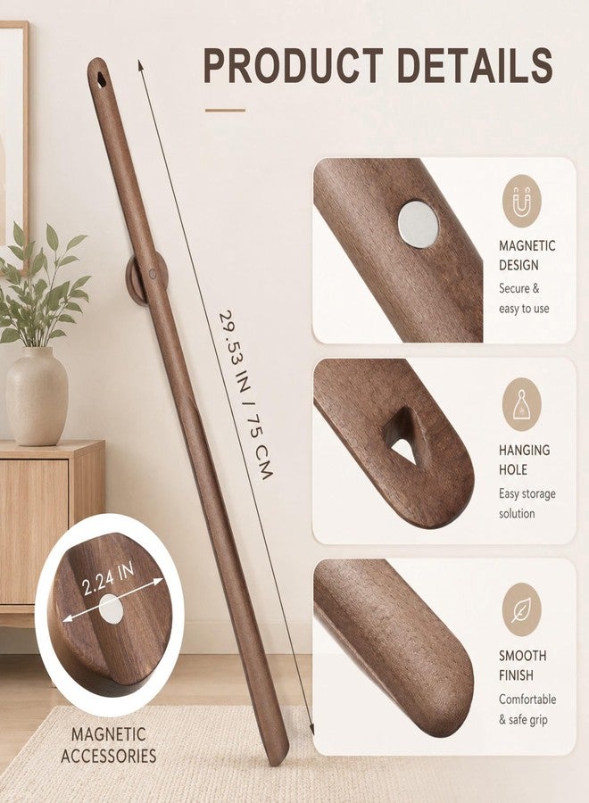 Geelin 2 Pcs 29.5" Magnetic Shoehorn, Long Wooden Shoe Horn Long Handle Shoehorn for Seniors Men Women, Magnetic Base Wall Mounted Dressing Stick for Elderly Limited Mobility (Walnut) - Image 2