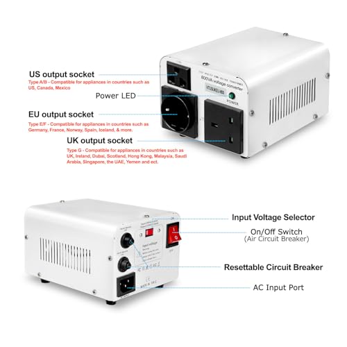 Yinleader 110V to 220V OR 220V to 110V Voltage Converter Step Up/Down Transformer 800W with US/UK/EU Power Cords - Image 5