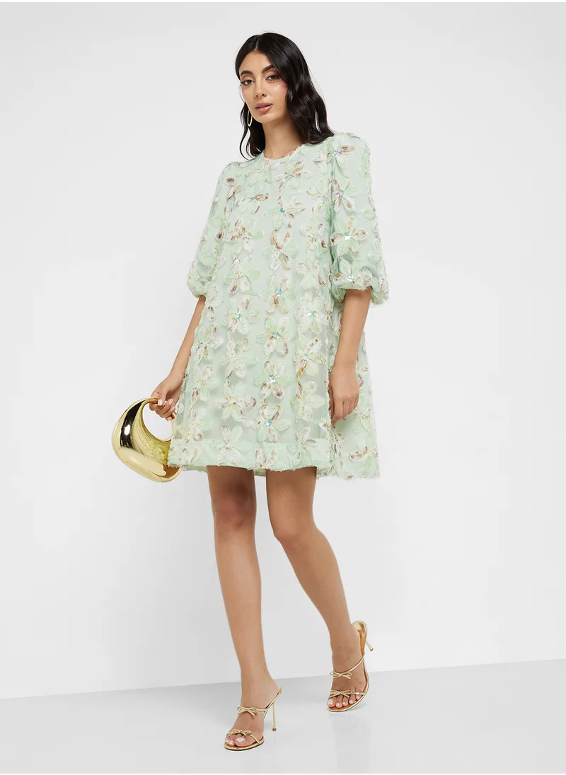 ياس Zip Detail Crew Neck Embroidered Mini Dress
