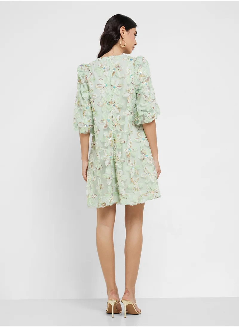 ياس Zip Detail Crew Neck Embroidered Mini Dress