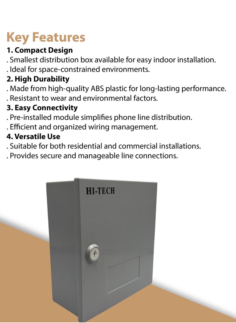 Hi-Tech - HI-TECH 30 Pairs Telephone Distribution Box with Module - Durable ABS Plastic, Indoor Use, Compact Design (175*165*75mm) with key lock type. - Image 1