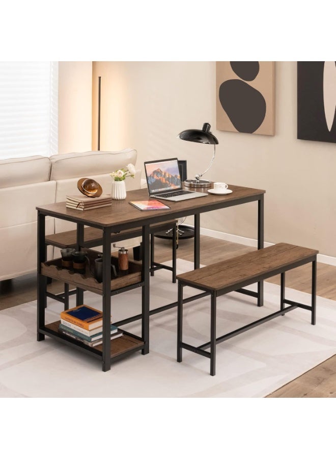 طقم سفرة 3 قطع مع طاولة و2 مقعد، مع رف نبيذ وحامل أكواب ورف تخزين، طقم طاولة مطبخ موفر للمساحة لـ 4 أشخاص – لون قهوة وأسود - Image 1