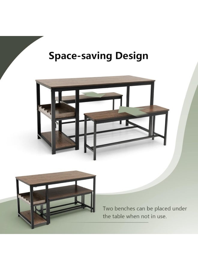طقم سفرة 3 قطع مع طاولة و2 مقعد، مع رف نبيذ وحامل أكواب ورف تخزين، طقم طاولة مطبخ موفر للمساحة لـ 4 أشخاص – لون قهوة وأسود - Image 2