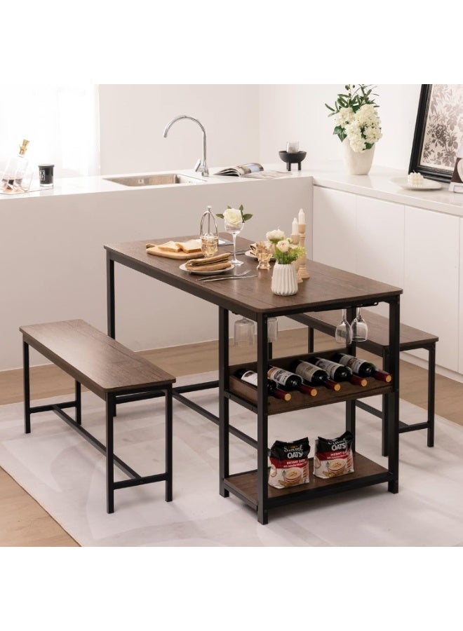 طقم سفرة 3 قطع مع طاولة و2 مقعد، مع رف نبيذ وحامل أكواب ورف تخزين، طقم طاولة مطبخ موفر للمساحة لـ 4 أشخاص – لون قهوة وأسود - Image 4