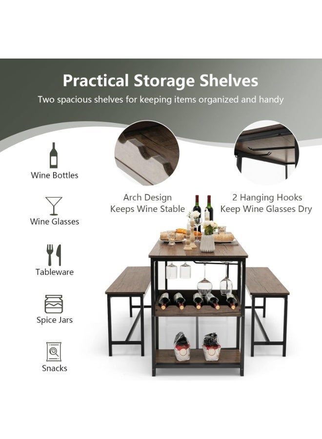 طقم سفرة 3 قطع مع طاولة و2 مقعد، مع رف نبيذ وحامل أكواب ورف تخزين، طقم طاولة مطبخ موفر للمساحة لـ 4 أشخاص – لون قهوة وأسود - Image 5