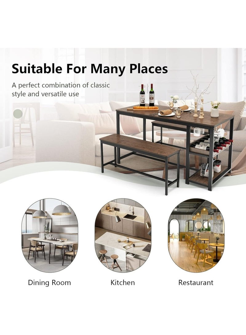 طقم سفرة 3 قطع مع طاولة و2 مقعد، مع رف نبيذ وحامل أكواب ورف تخزين، طقم طاولة مطبخ موفر للمساحة لـ 4 أشخاص – لون قهوة وأسود - Image 3