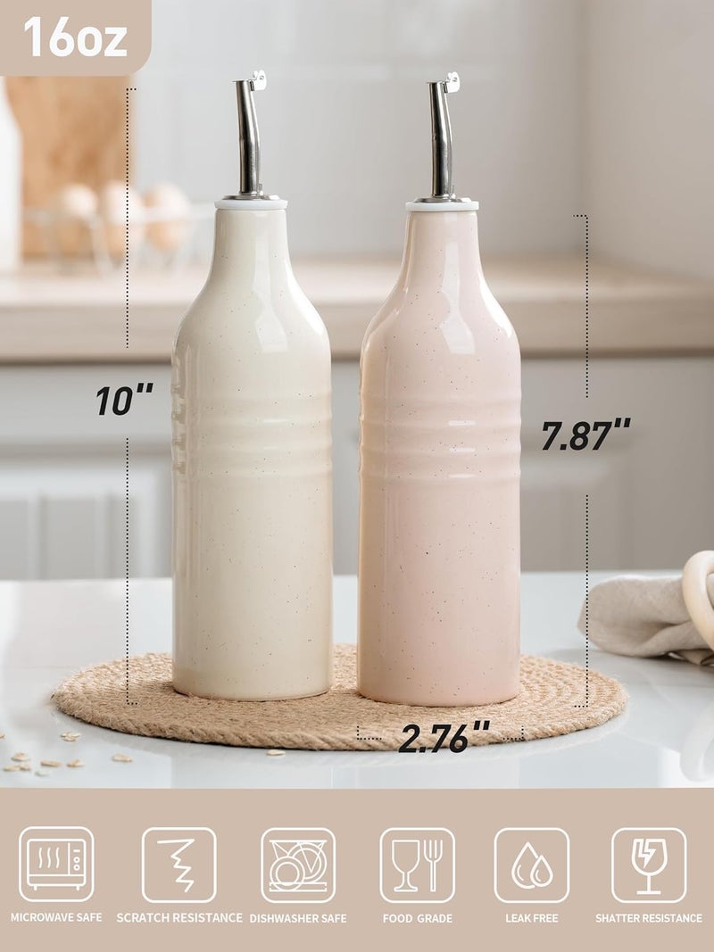 Famiware Jupiter 16oz Ceramic Olive Oil Dispenser Bottle, Olive Oil and Vinegar Dispenser Bottle Set of 2 with Stainless Steel Pourers, Suitable for Storage Vinegar, Vanilla White & Light Pink - Image 4