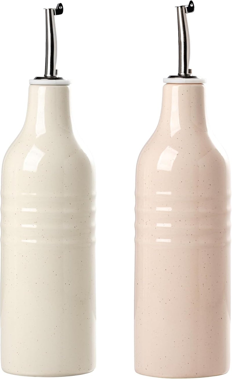 Famiware Jupiter 16oz Ceramic Olive Oil Dispenser Bottle, Olive Oil and Vinegar Dispenser Bottle Set of 2 with Stainless Steel Pourers, Suitable for Storage Vinegar, Vanilla White & Light Pink - Image 1