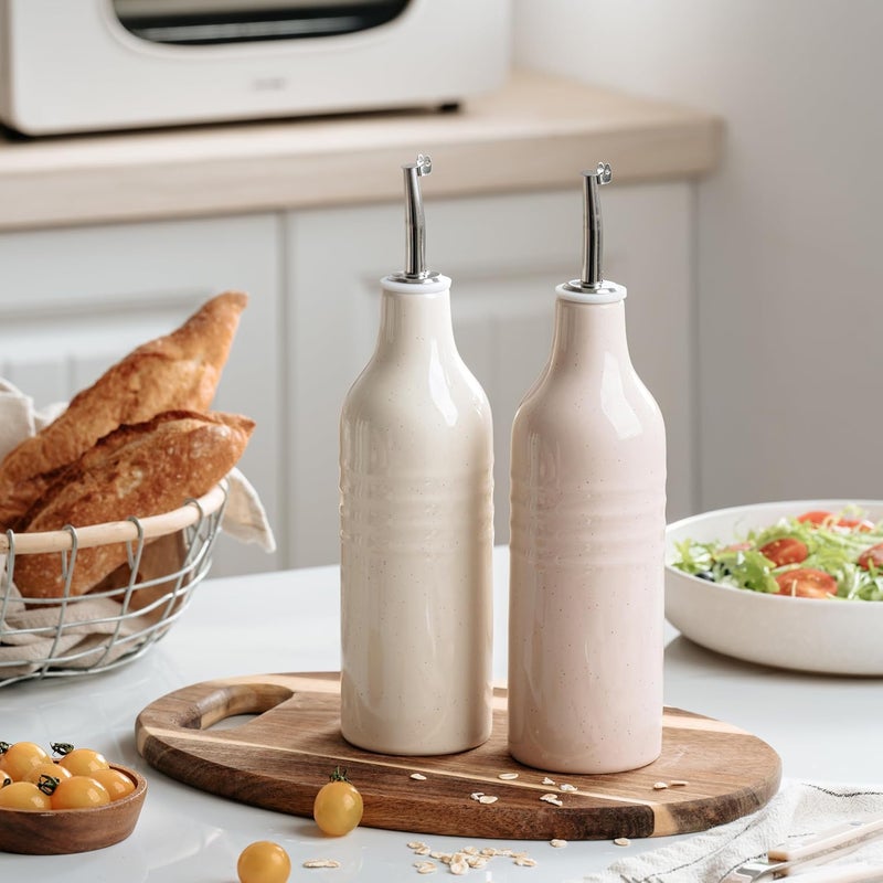 Famiware Jupiter 16oz Ceramic Olive Oil Dispenser Bottle, Olive Oil and Vinegar Dispenser Bottle Set of 2 with Stainless Steel Pourers, Suitable for Storage Vinegar, Vanilla White & Light Pink - Image 2
