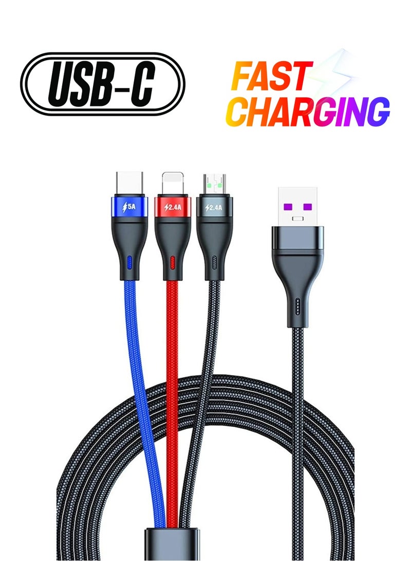 ELTRAZONE 3 in 1 Charger Cable 3FT/1M Nylon Braided 5A Fast Charge Cable with iP Micro USB Type-C Compatible with Cell Phones Tablets USB C Cable - Image 1