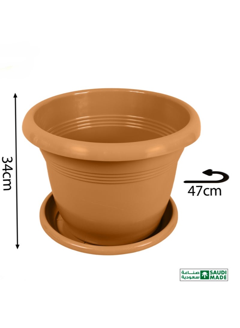 بلاستيكنا مركن زرع (أصيص) برواز دائري متين مقاوم لعوامل الطقس مع صينية، لون بني، مقاس 50 - Image 1