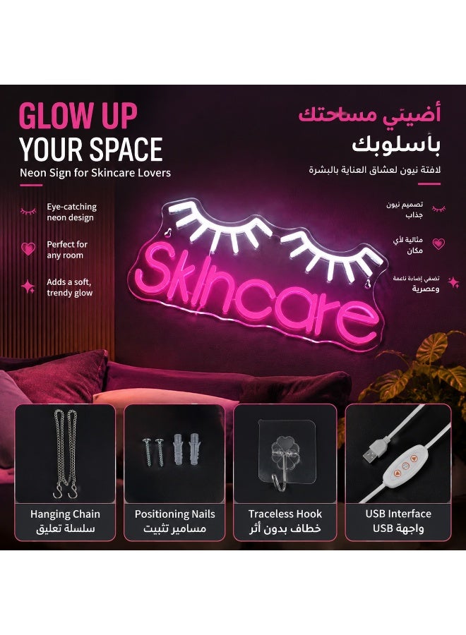 لوحة نيون "Skincare" LED بمنفذ USB مع التحكم بالسطوع - ديكور عصري للصالونات وغرف النوم، هدية مثالية للنساء. - Image 1