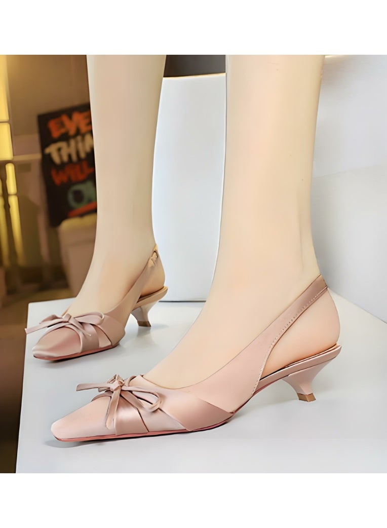 بيج تري المرأة الساتان مغلق أشار إصبع القدم قطة كعب مضخات كعب منخفضة ساندال الشمبانيا 3.5CM - Image 3