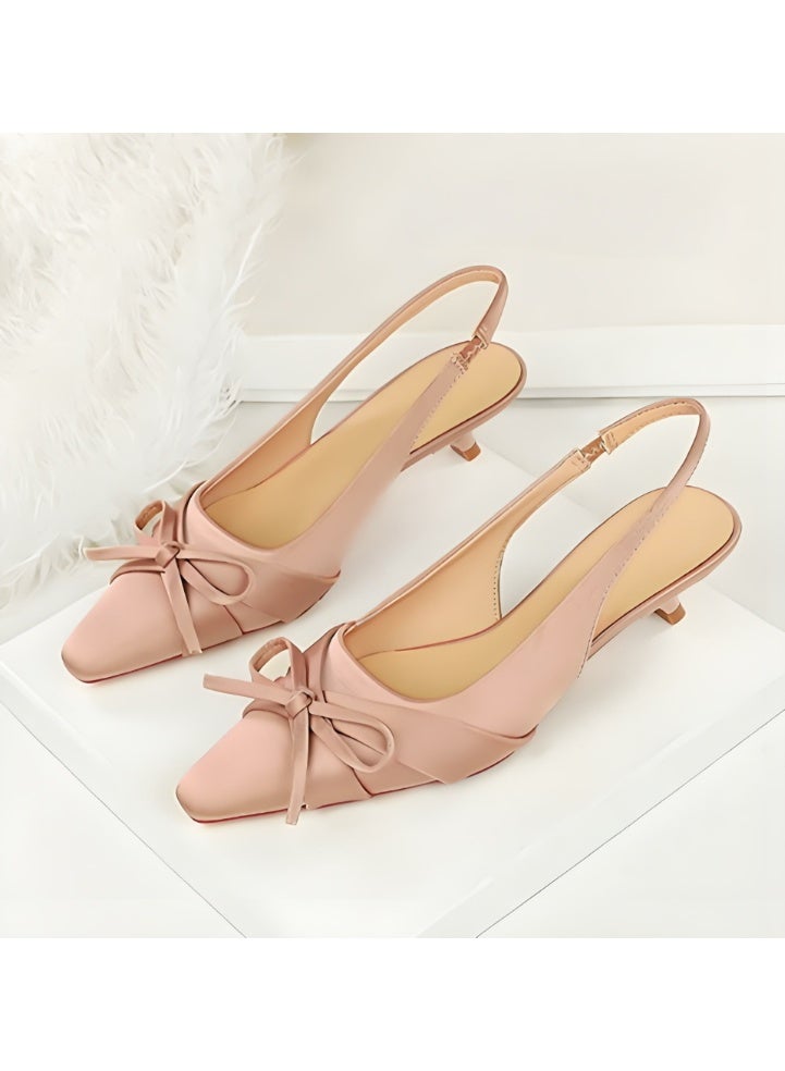 بيج تري المرأة الساتان مغلق أشار إصبع القدم قطة كعب مضخات كعب منخفضة ساندال الشمبانيا 3.5CM - Image 1