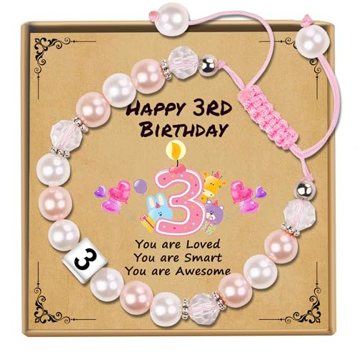 Sereney 3 Year Old Girl Birthday Gift, Adjustable Pink White Pearl Bracelet as 3yr Three Year Old 3rd Birthday Gifts for Teen Girls Daughter Niece Granddaughter - Image 1