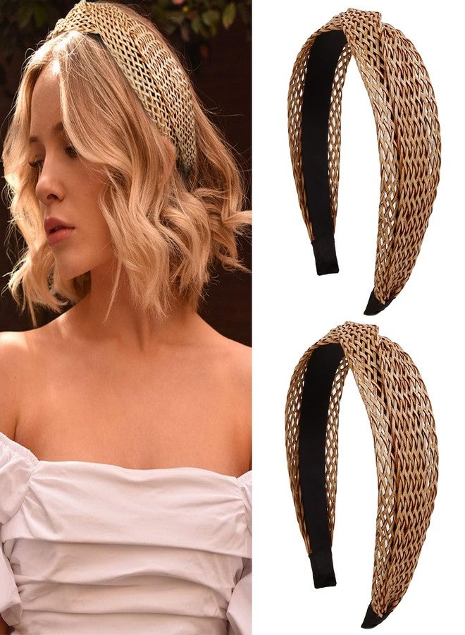 Tobeffect Straw Headbands for Women, 2 Packs Woven Twist Headbands Braided Fashion Boho Hairbands Non Slip Wide Rattan Head Bands Hollowed Hair Accessories - Image 2