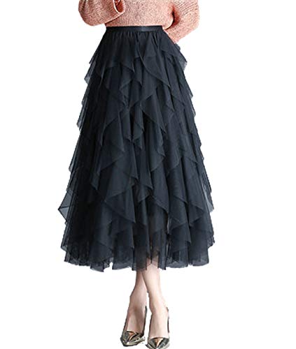 Femiserah Women's Long Rainbow A Line Tulle Tutu Skirts Tiered Skirt Petticoat（One Size, Tulle Black - Image 1