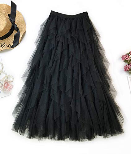 Femiserah Women's Long Rainbow A Line Tulle Tutu Skirts Tiered Skirt Petticoat（One Size, Tulle Black - Image 3