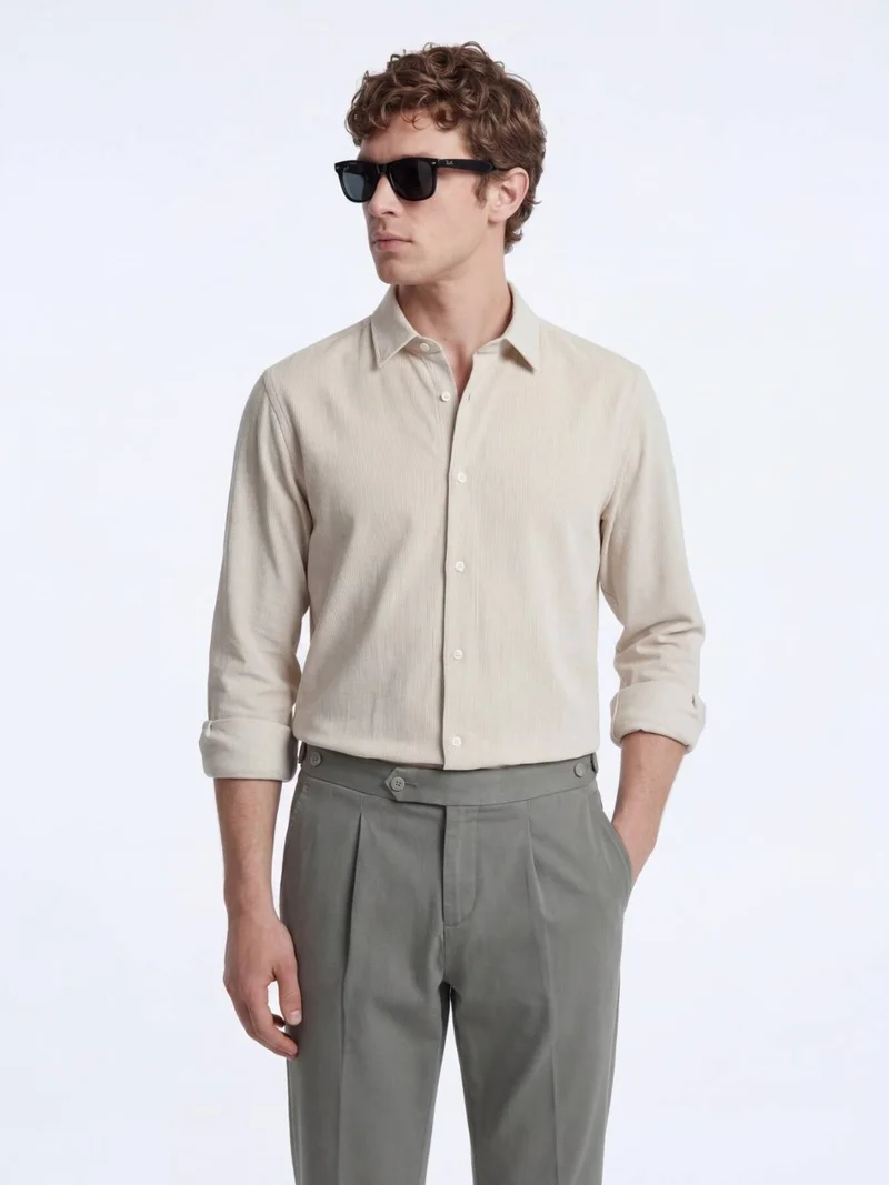 Kip Beige Striped Regular Fit Long Weaving Casual Shirt