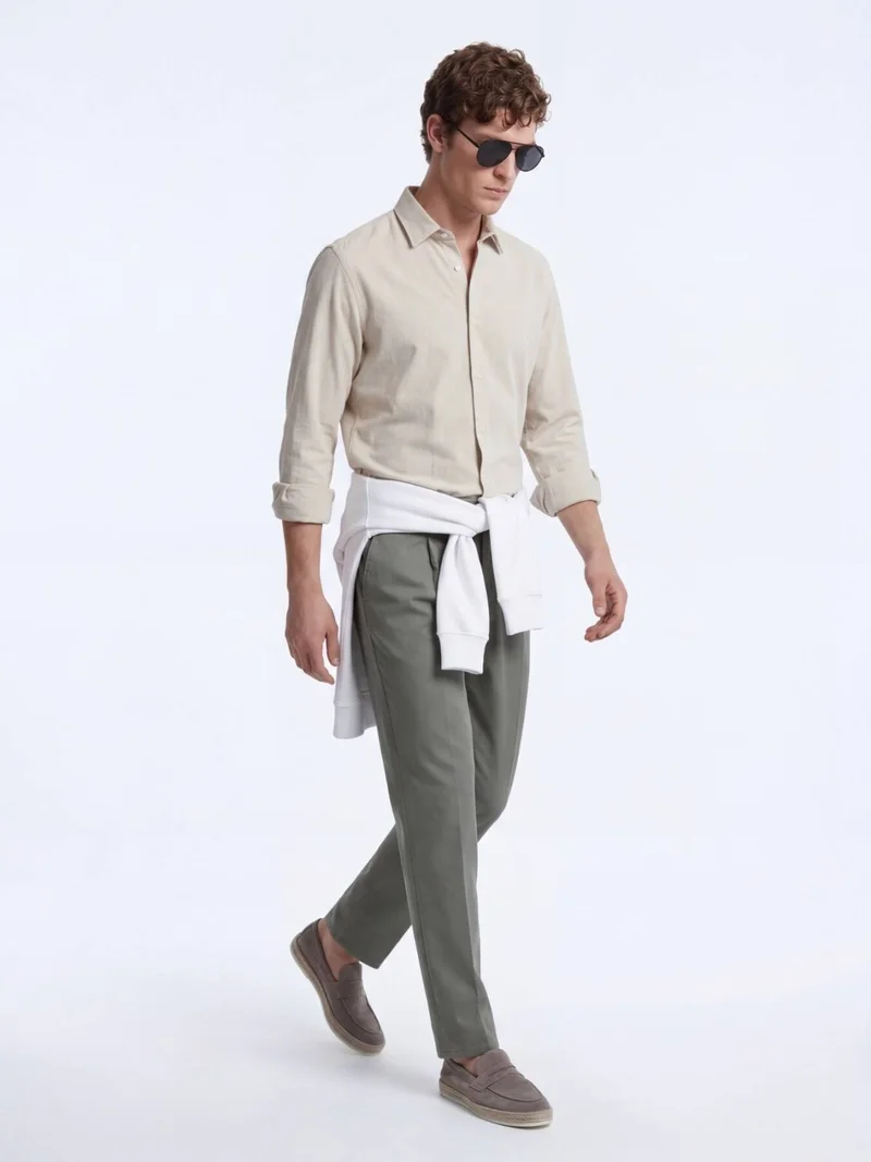 Kip Beige Striped Regular Fit Long Weaving Casual Shirt