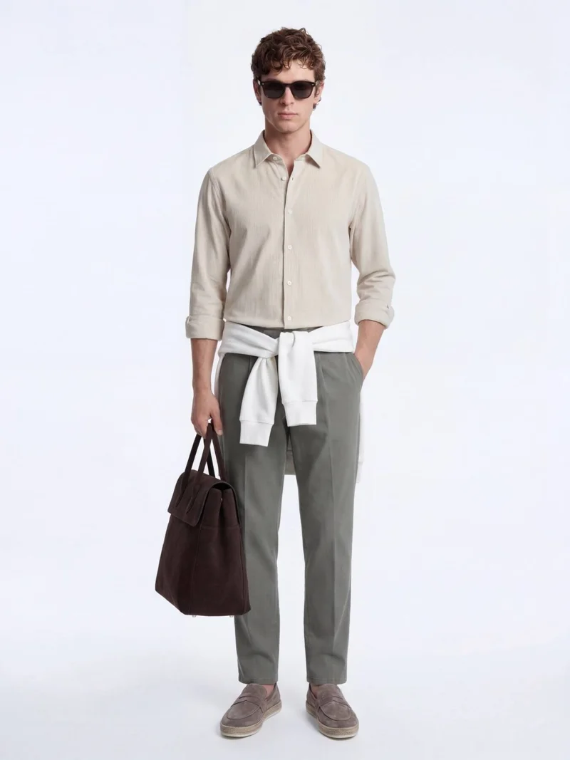 Kip Beige Striped Regular Fit Long Weaving Casual Shirt