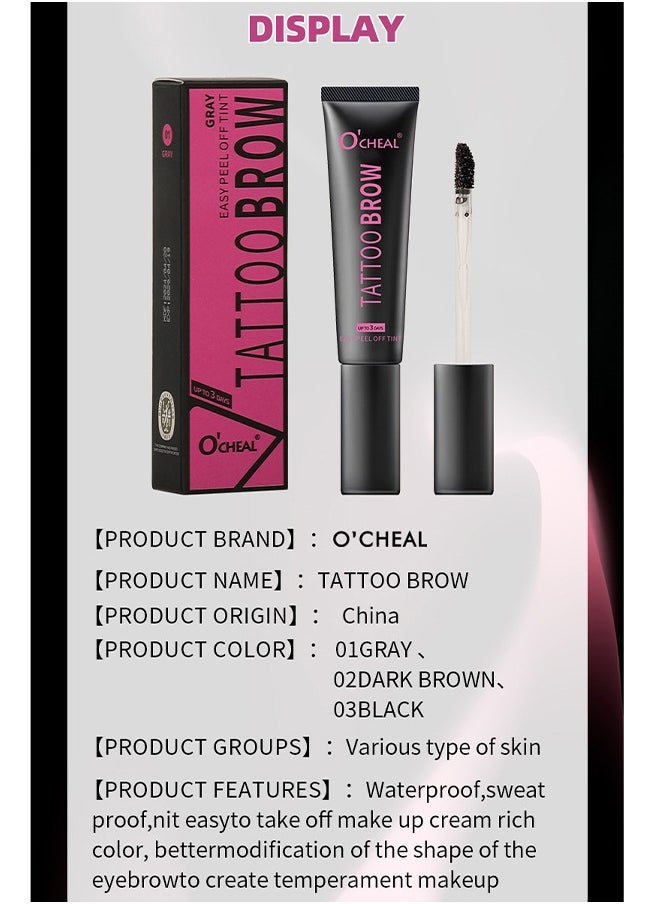 OCHEAL - Tattoo Brow, Waterproof Long Lasting Peel Off Tattoo Eye Brow Gel, Semi Permanent Brow Tint, Last Up to 3 Days, Eyebrow Pencil for Fuller Defined Looking Brows（01 GRAY） - Image 1