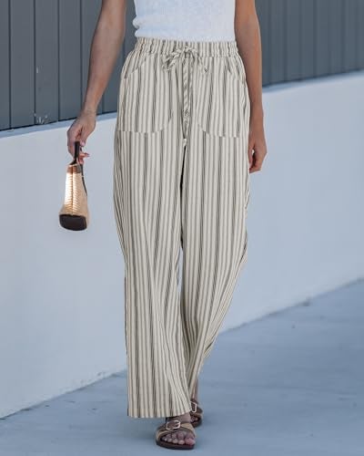 GRAPENT Womens Linen Pants Women's Spring Drawstring Pull On for Women Beach Vacation Clothes Striped Cotton Linen Pants, Light Beige Stripe, M, US Size 8 to 10 - Image 3