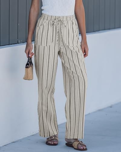 GRAPENT Womens Linen Pants Women's Spring Drawstring Pull On for Women Beach Vacation Clothes Striped Cotton Linen Pants, Light Beige Stripe, M, US Size 8 to 10 - Image 2