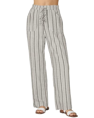 GRAPENT Womens Linen Pants Women's Spring Drawstring Pull On for Women Beach Vacation Clothes Striped Cotton Linen Pants, Light Beige Stripe, M, US Size 8 to 10 - Image 1