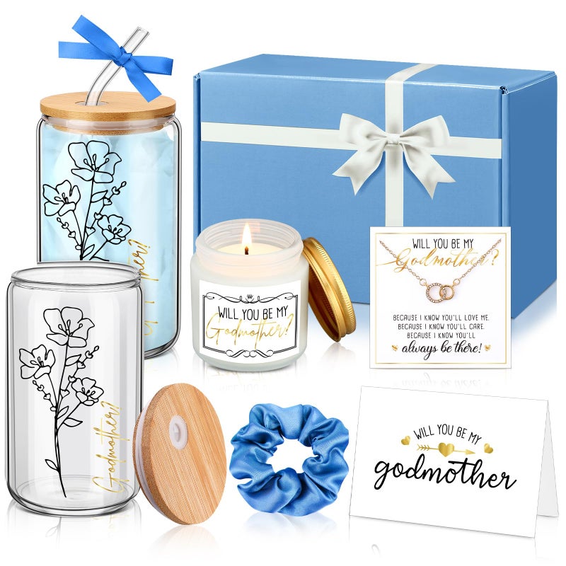 Singhoow 6 Pcs Godmother Proposal Gift Set, Will You Be My Godmother Gift Box, 12oz Glass Cup, Necklace & Scented Candle from Godchild for Baptism Motherâ€™s Day Birthday(Spanish,Blue) - Image 1