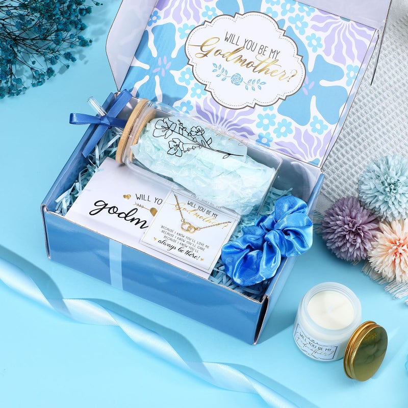 Singhoow 6 Pcs Godmother Proposal Gift Set, Will You Be My Godmother Gift Box, 12oz Glass Cup, Necklace & Scented Candle from Godchild for Baptism Motherâ€™s Day Birthday(Spanish,Blue) - Image 2