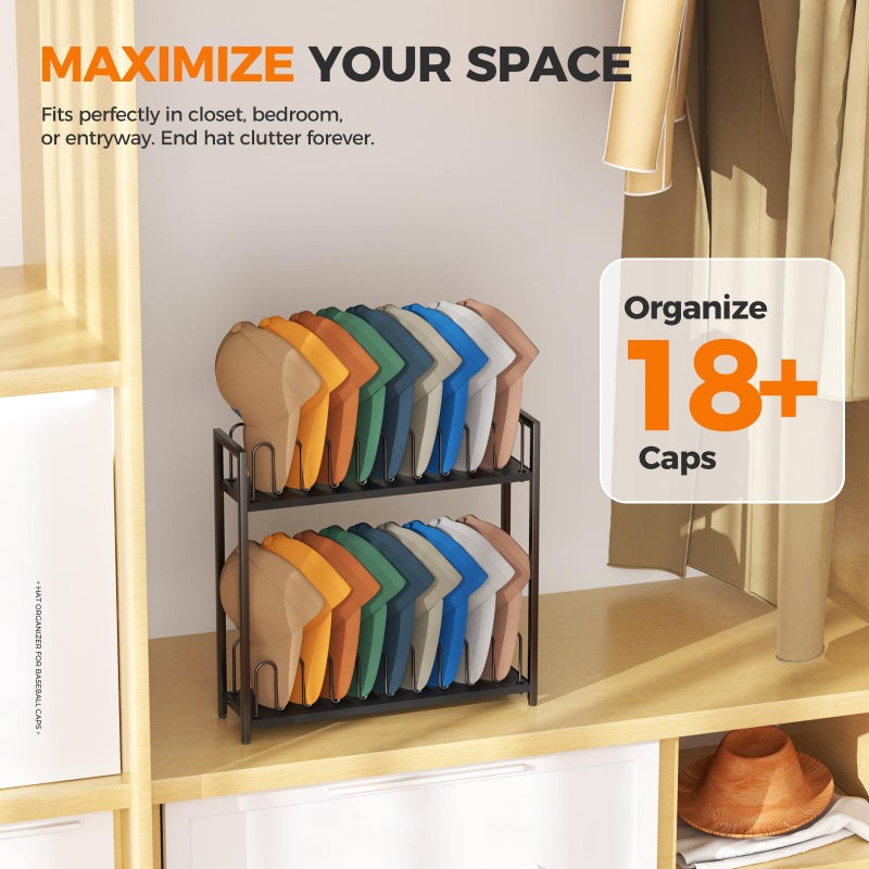 Cinati 2-Tier Hat Organizer for Baseball Caps, 18-Capacity Baseball Cap Organizer, Black Wood & Metal Hat Rack,Easy Assembly,Cap Holder for Entryway Closet Bedroom Organization - Image 4