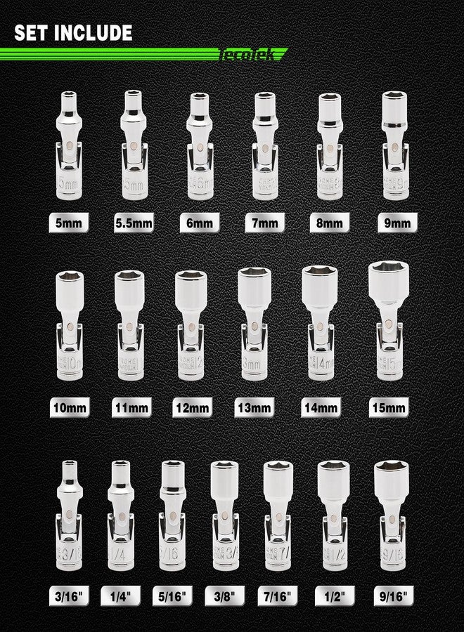 TecoTek 19-Piece 1/4-Inch Drive Universal Joint Socket Set, Swivel Socket Set, 6-Point, SAE (3/16" to 9/16") and Metric (5mm to 15mm), CR-V, Universal Flex Socket for Easier Access to Tight Spaces - Image 2