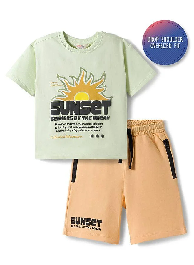 Primo Gino Primo Gino 100% Cotton French Terry Knit Oversized T-Shirt and Shorts Set with Sunset Print - Green and Peach