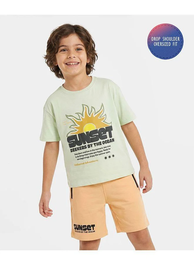 Primo Gino Primo Gino 100% Cotton French Terry Knit Oversized T-Shirt and Shorts Set with Sunset Print - Green and Peach