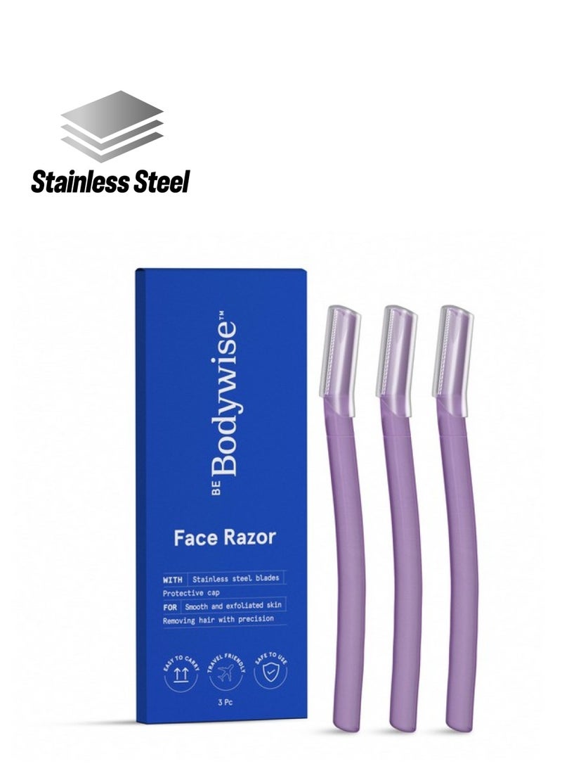 Be Bodywise Reusable Face Razor For Women Pack Of 3 Instant & Painless Hair Removal Suitable For Eyebrow Upper Lip Chin Stainless Steel Blade & Firm Grip Purple  - Image 1
