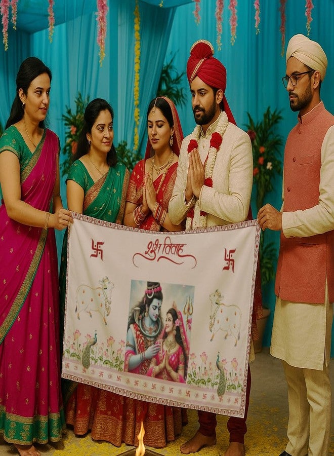 XOIPED Shubh Vivah Antarpat for Hindu Wedding | 58 x 36 Inch Lagna Antarpat Cloth | Mandap Ritual Pooja Fabric | Traditional Vivah Sanskar Accessory (Shiv Parvati) - Image 3