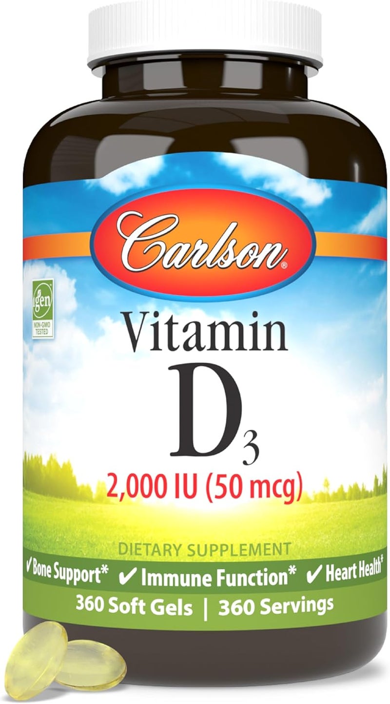 Carlson  Vitamin D3 2000 IU 50 mcg Bone  Immune Health Vitamin D Supplements Cholecalciferol Supplement Gluten Free Vitamin D Capsules 360 Softgels - Image 1